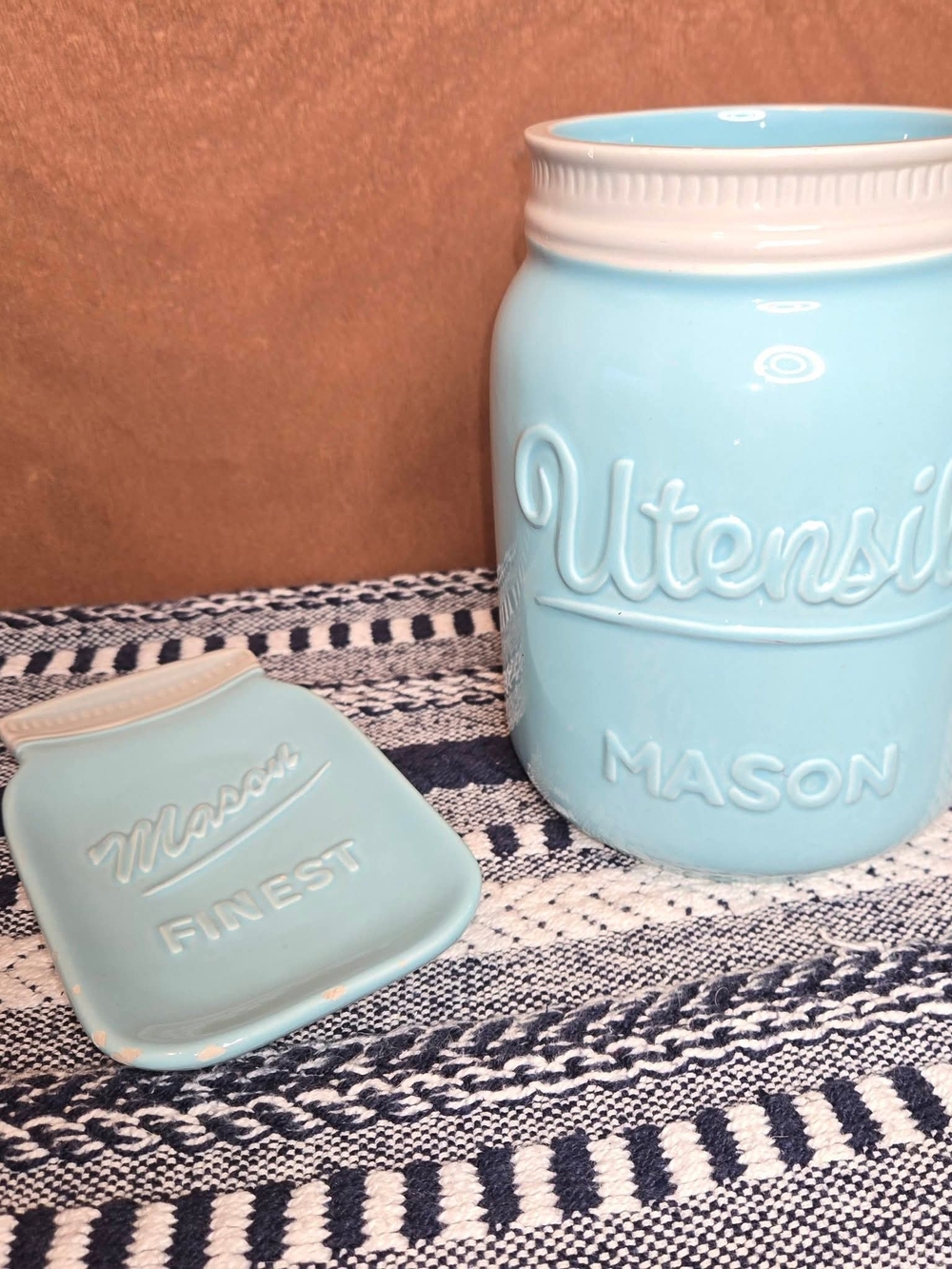 Sparrow Decor Blue Mason Jar Kitchen Set – Utensil Crock & Spoon Rest Farmhouse